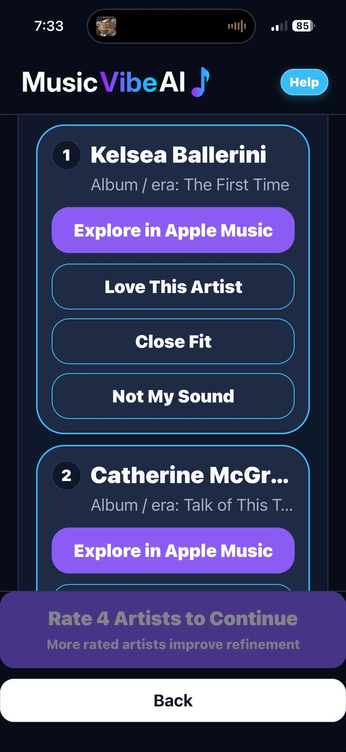 MusicVibeAI app showing music recommendations. Lists artists Kelsea Ballerini and Catherine McGrath with album info and action buttons to explore in Apple Music or provide feedback