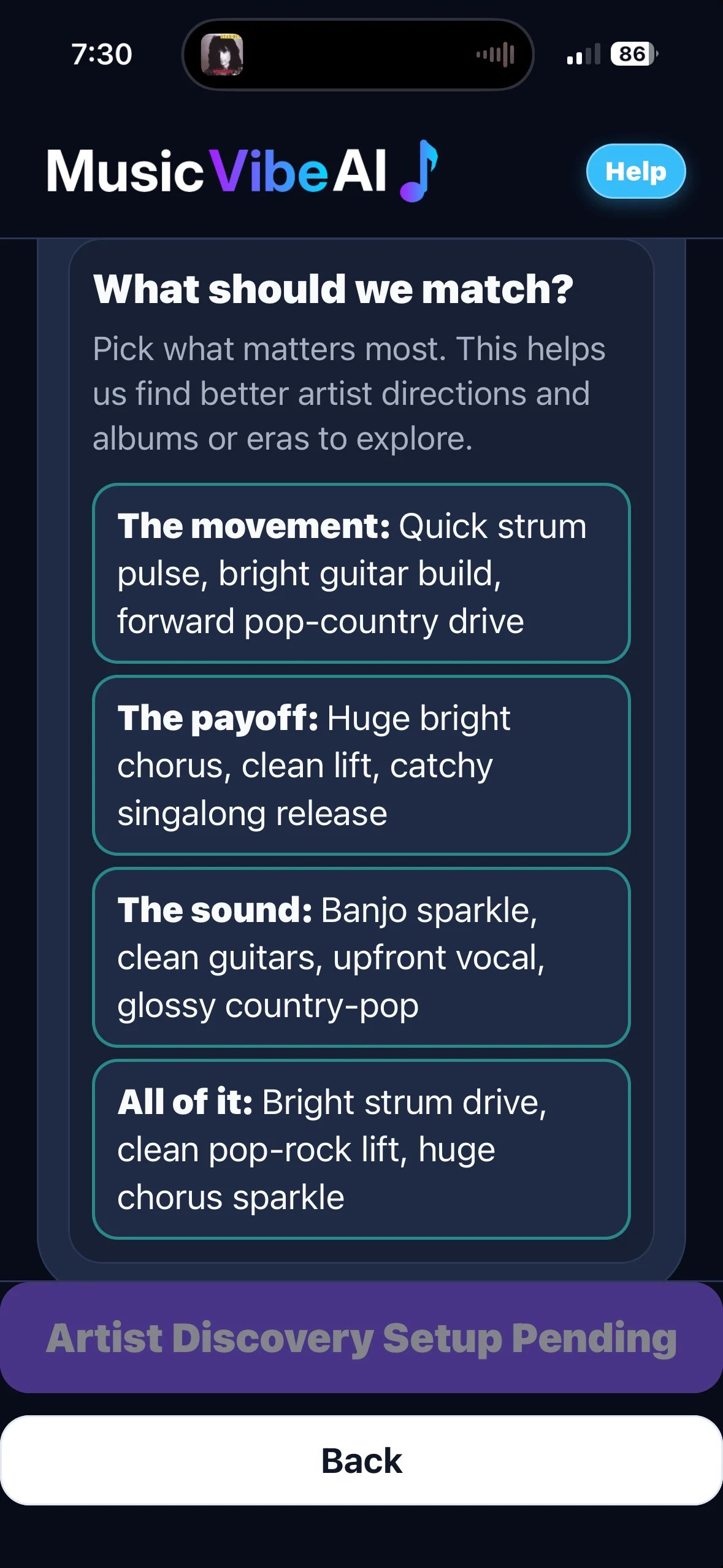 MusicVibeAI app screen showing music preference matching options with four categories describing movement, payoff, sound, and overall vibe for artist discovery