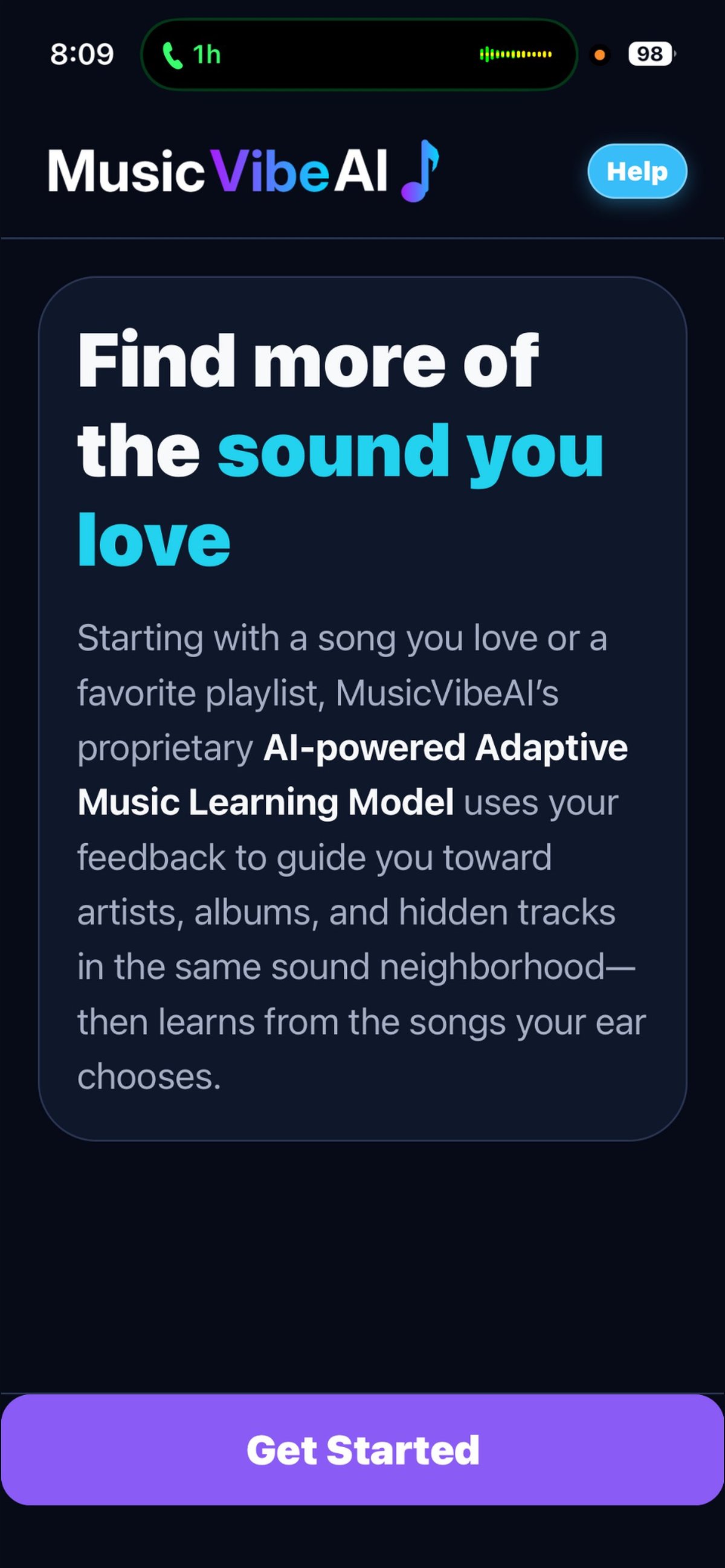 MusicVibeAI app screen showing feature description with Find more of the sound you love heading, explanation of AI-powered music learning, and Get Started button
