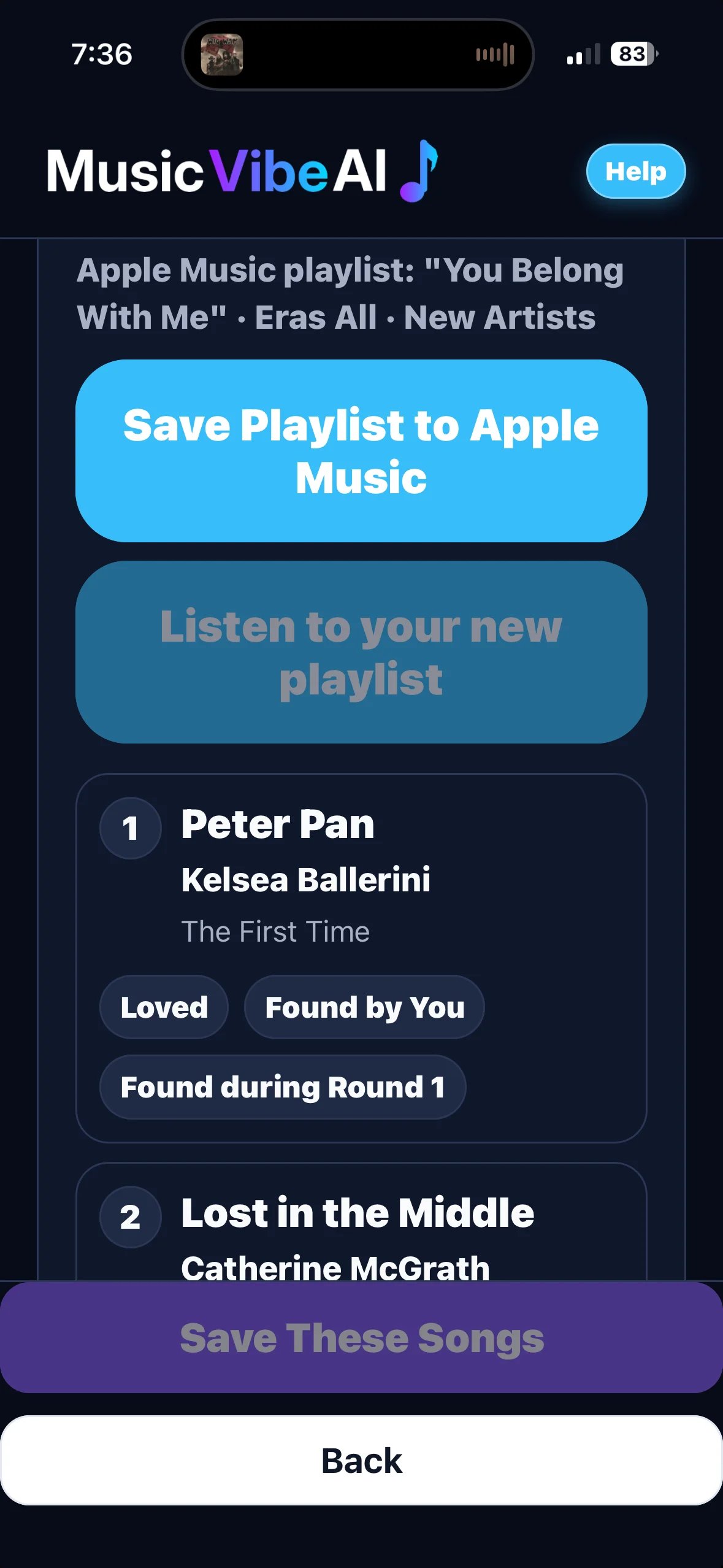 MusicVibeAI app showing a generated Apple Music playlist titled You Belong With Me with song recommendations including Peter Pan by Kelsea Ballerini and Lost in the Middle by Catherine McGrath