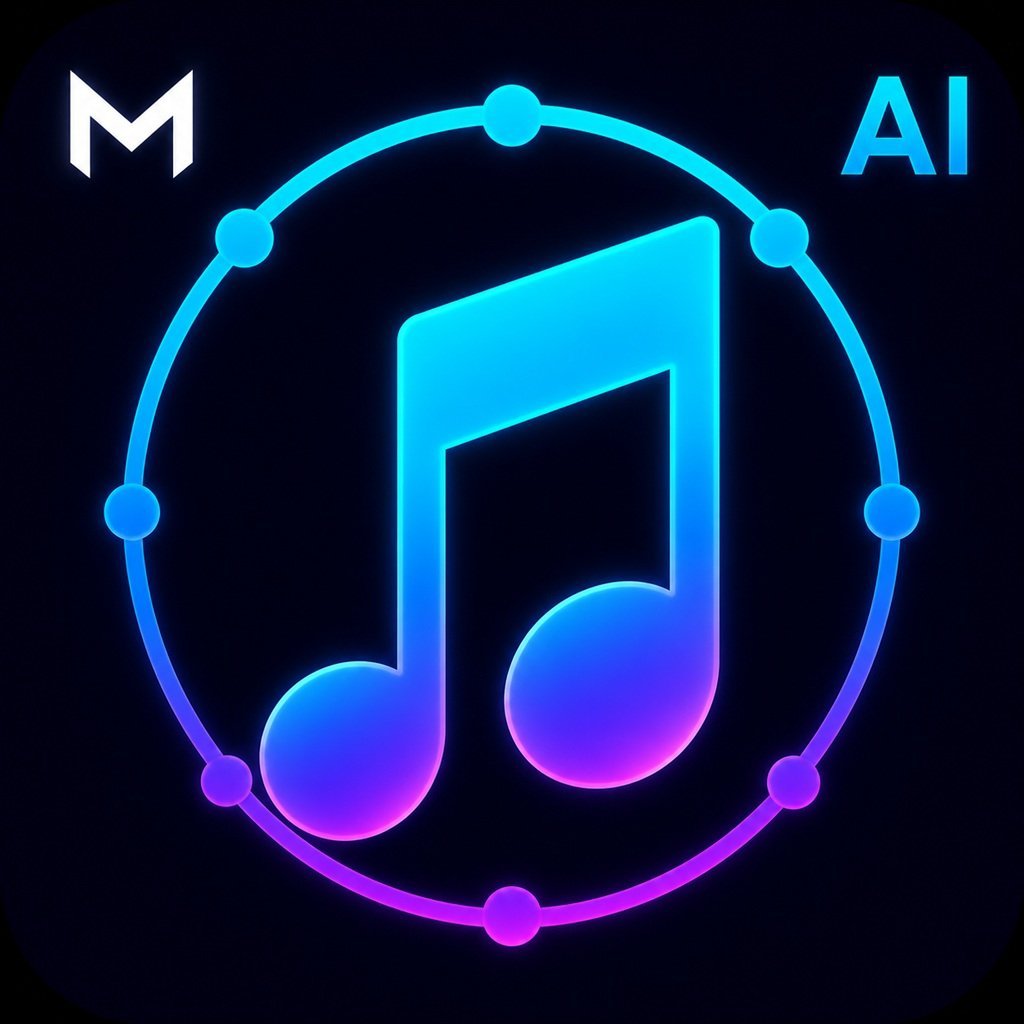 Glowing neon musical note icon with cyan and purple gradient inside a circular badge with M and AI labels