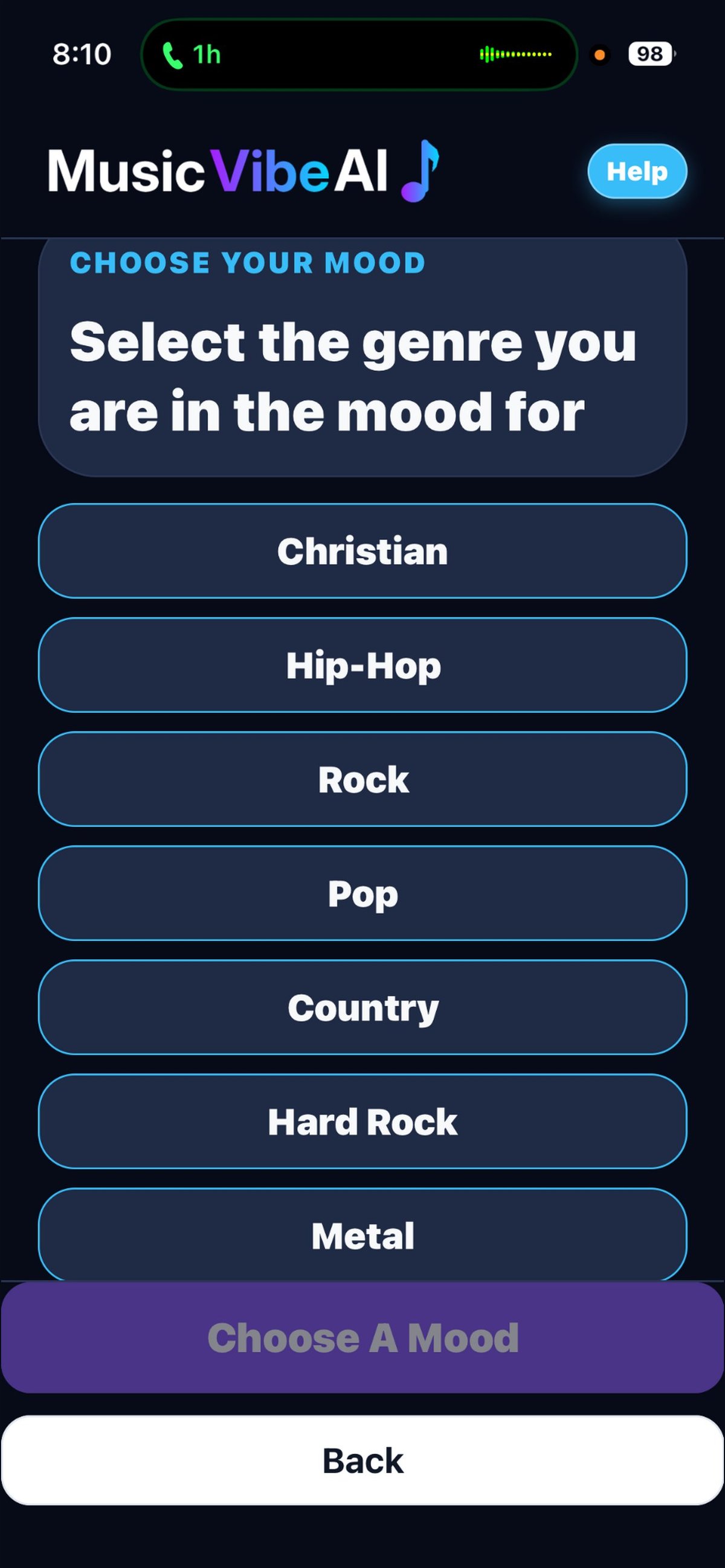 MusicVibeAI app interface showing genre selection menu with options including Christian, Hip-Hop, Rock, Pop, Country, Hard Rock, and Metal