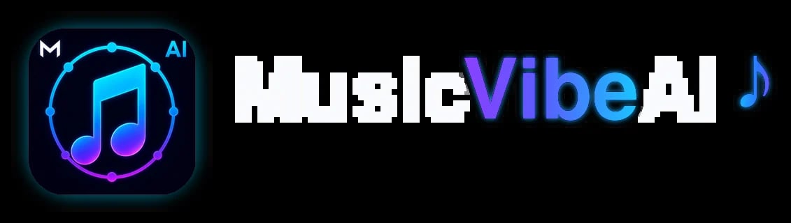 MusicVibeAI logo with musical note icon and blue neon styling on black background